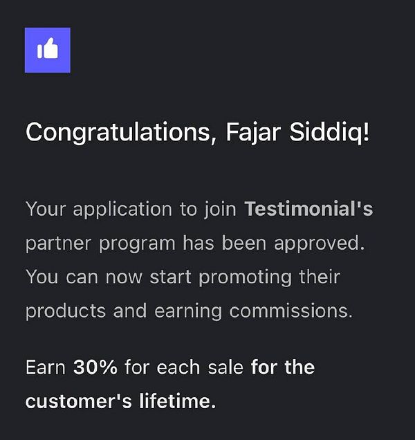 A notification confirming the approval of an application to join a partner program.
