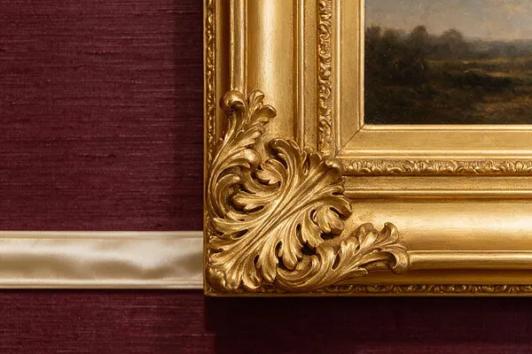 A close-up of an ornate gold picture frame with carved leaf-like scrollwork, mounted against a deep burgundy textured wall. A satin cream horizontal trim runs behind the frame, adding contrast to the rich traditional finish.