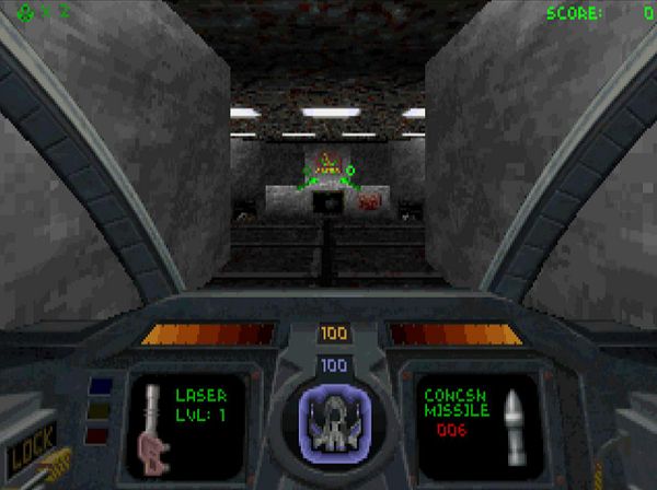 The image displays a first-person perspective from a retro video game interface.