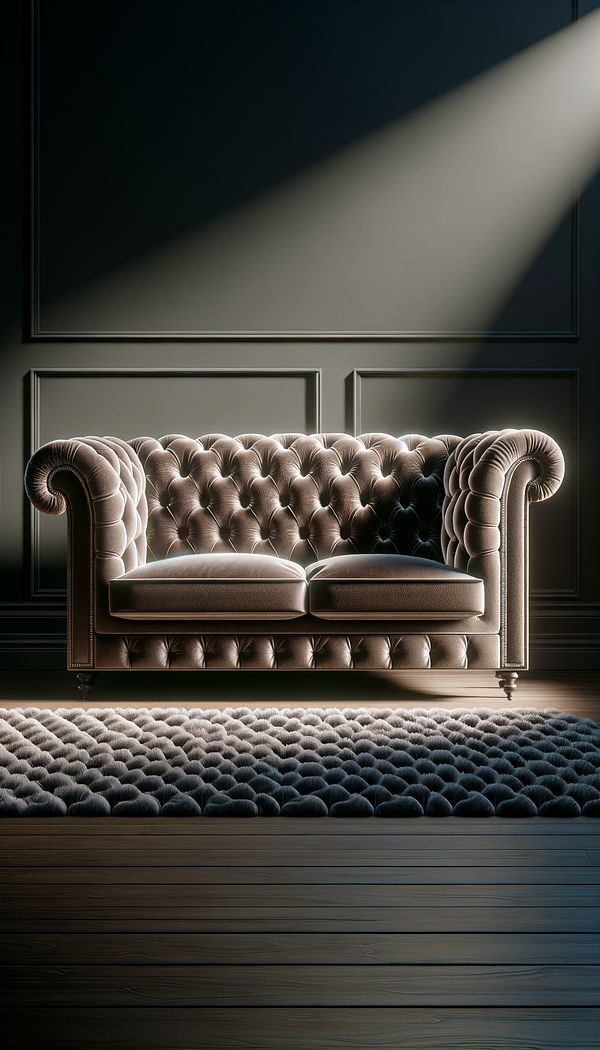 An elegant living room featuring a plush, deep-button tufted sofa in a rich velvet fabric, with a spotlight on the detailed tufting pattern.