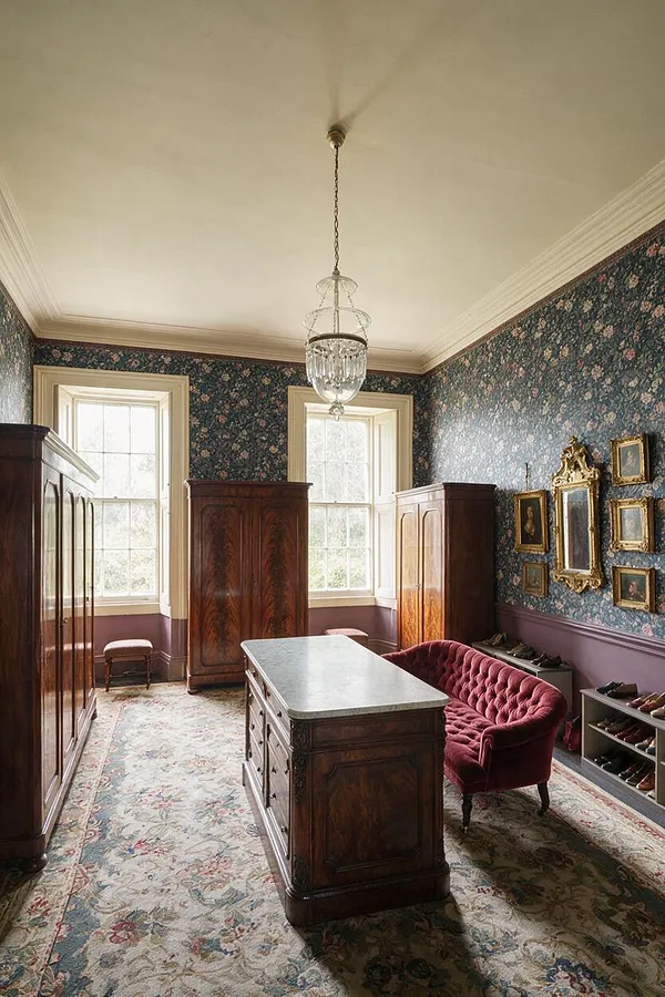 A Victorian-style closet with dark floral wallpaper, tall sash windows, and cream trim. The room includes a carved wooden island, wardrobe cabinets, a tufted burgundy loveseat, a crystal pendant light, framed gold mirrors, and patterned carpet, creating an elegant antique dressing space.