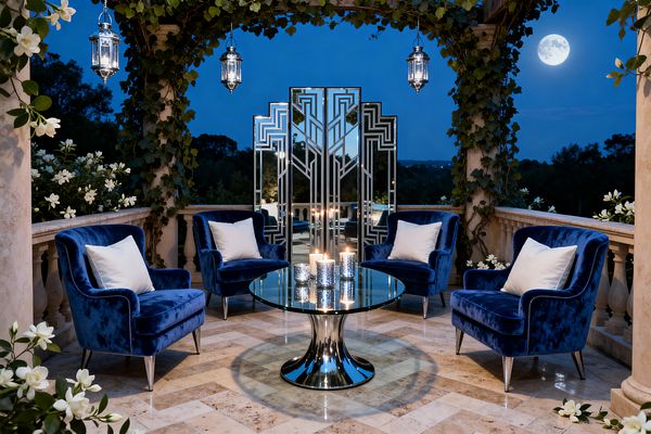 An outdoor patio at night features four deep blue velvet armchairs with white pillows arranged around a round glass table with a mirrored chrome base. Hanging lanterns and candles reflect off a geometric Art Deco mirrored screen, while a vine-covered stone pergola, balustrade, creamy travertine floor, and white flowers frame the setting under a full moon and dark blue sky, creating a symmetrical, glamorous lounge area.