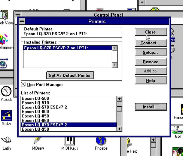 The image displays the Printers section of the Control Panel in Windows 3.11.