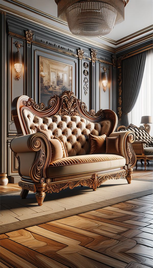 a luxurious canapé with intricate woodwork and lush upholstery, set in an elegantly designed room