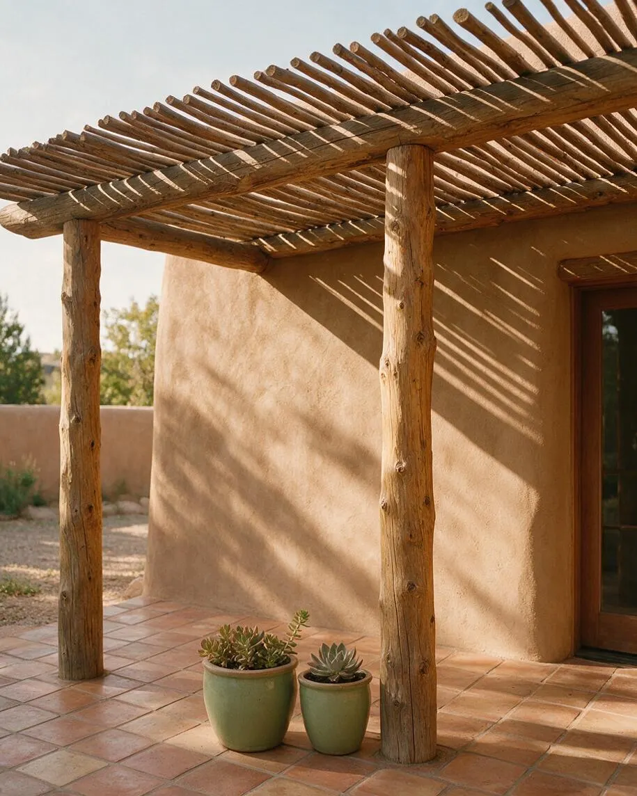 An exterior Southwestern-style porch with a rustic wooden pergola made of rough-hewn logs casting striped shadows across a smooth adobe wall and terracotta tile floor. Two small green potted succulents sit near the wall beside a wood-framed doorway, with desert landscaping visible in the background.