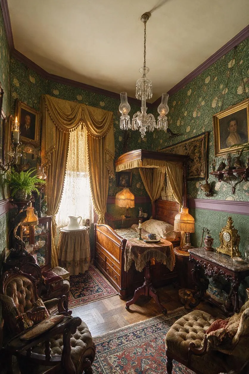 A compact Victorian-style studio apartment filled with ornate furnishings, including a carved wooden canopy bed, green patterned wallpaper, gold drapery, and a crystal chandelier. The room also features framed portraits, tufted seating, patterned rugs, and vintage decorative objects, creating a richly layered, antique atmosphere.