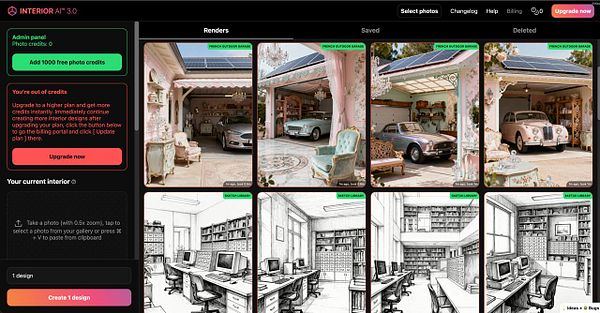 The image displays a user interface for the Interior AI 3.0 application, showcasing various design renders and options for creating interior designs.