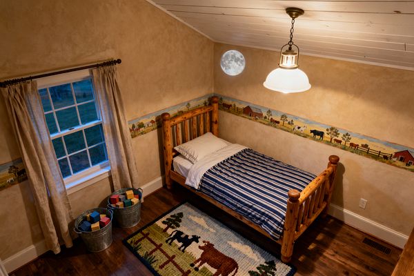 A cozy kids’ bedroom with a sloped white shiplap ceiling and a schoolhouse pendant light hangs above a knotty pine log bed dressed in blue-and-white striped bedding and white pillows. Tan plaster-look walls feature a farm-scene border, echoed by a hooked rug with cows on dark hardwood floors; a window with linen curtains sits beside two galvanized buckets of colorful blocks, while a moon nightlight glows on the wall.