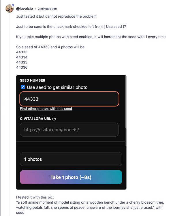 The image displays a user interface for a photo generation tool with a focus on seed numbers and settings.