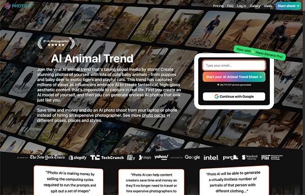 The image features a promotional webpage for an AI photography service focused on creating high-fashion photos with animals.