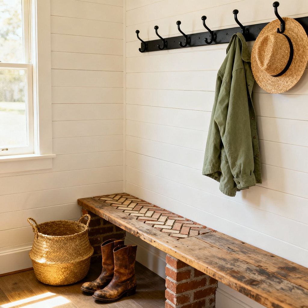 A bright farmhouse mudroom with white shiplap walls features a long reclaimed-wood bench resting on red brick supports, with a herringbone brick inlay along the seat. Above, a black metal hook rail holds a green jacket and a straw hat. A woven basket sits beside a sunlit window with white trim, and a pair of worn brown boots rests on warm wood flooring, highlighting the space’s practical, rustic character.