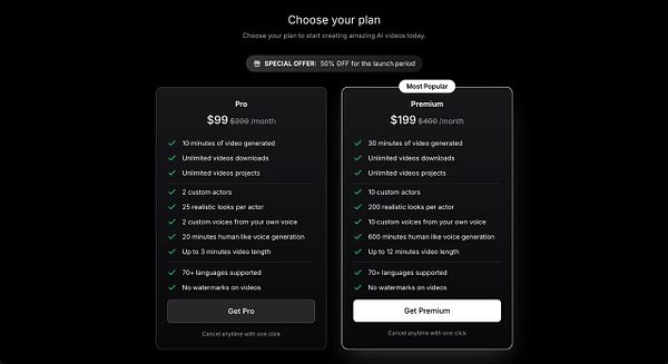 The image displays a pricing page for two subscription plans for an AI video creation service.