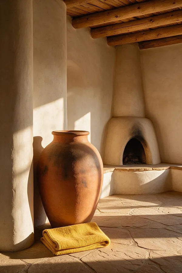 A Southwestern-style interior with smooth adobe walls, exposed wooden ceiling beams, a built-in plaster fireplace, and a large terracotta clay vessel beside a folded mustard-yellow textile. Warm sunlight casts soft shadows across the stone floor, emphasizing the earthy textures and handcrafted feel of the space.