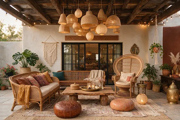 A bohemian backyard patio with a rustic wood pergola, black-framed glass doors, and a neutral stucco wall. The space features rattan sofas and an oversized wicker chair around a raw wood coffee table, layered vintage rugs, leather poufs, hanging woven pendant lights, macramé decor, and many potted plants.