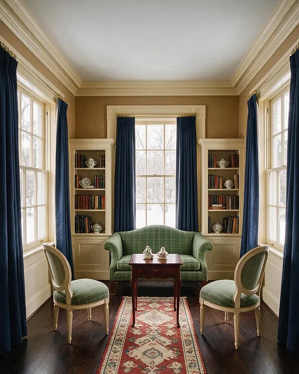 A traditional porch-like sitting room with tall windows on three sides, framed by deep navy drapes and cream trim. A green plaid loveseat sits between two upholstered side chairs, centered on a narrow patterned runner with a small wooden table in front, while built-in bookshelves add a refined, classic touch.