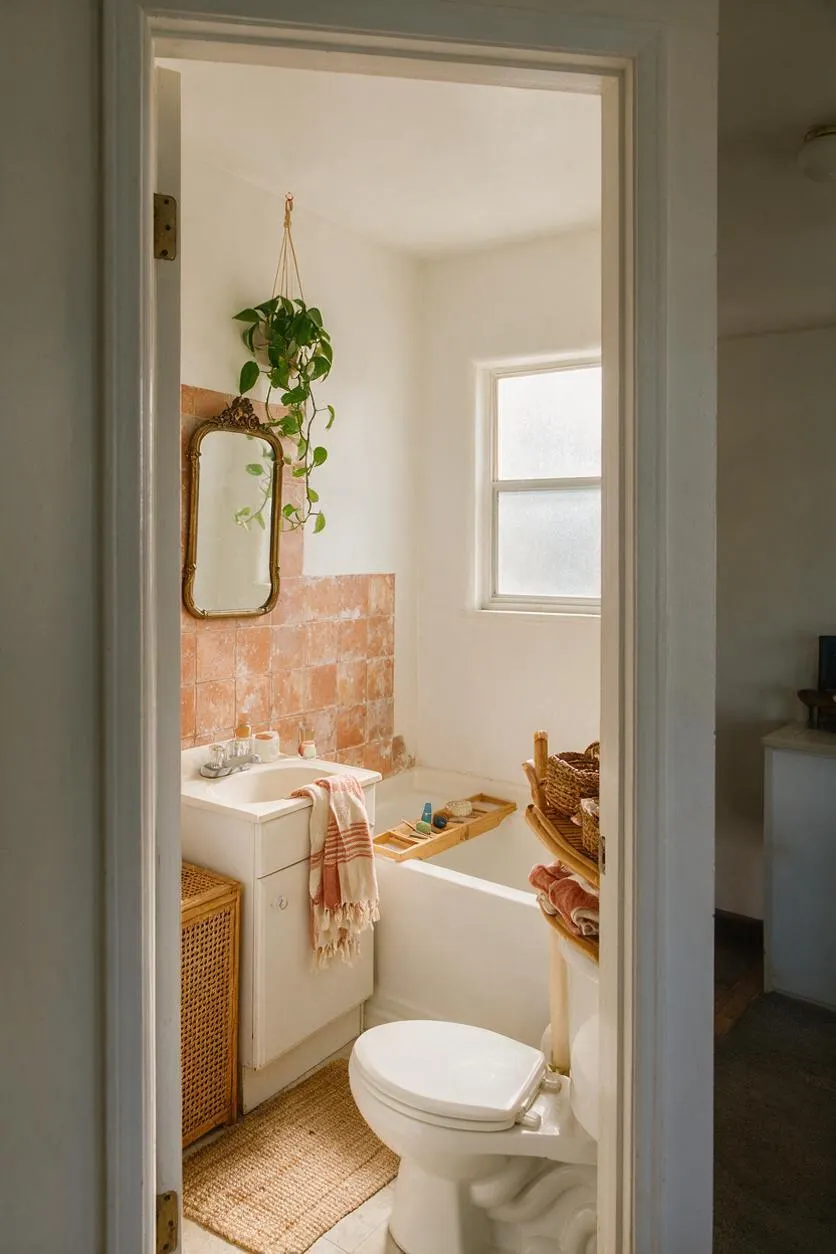 A small master bathroom with a white bathtub, toilet, and compact vanity styled in a warm bohemian look. The space features terracotta wall tiles, a vintage gold-framed mirror, a hanging pothos plant, woven baskets, a jute rug, and soft neutral walls with natural light from a frosted window.
