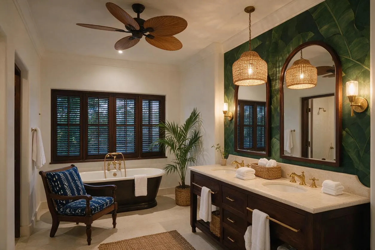 A spacious tropical master bathroom with a dark wood double vanity, cream stone countertop, and two arched mirrors set against green leaf-pattern wallpaper. A freestanding black-and-white tub sits beneath dark wood plantation shutters, with a woven accent chair, potted palm, brass fixtures, and woven pendant lights adding warmth.