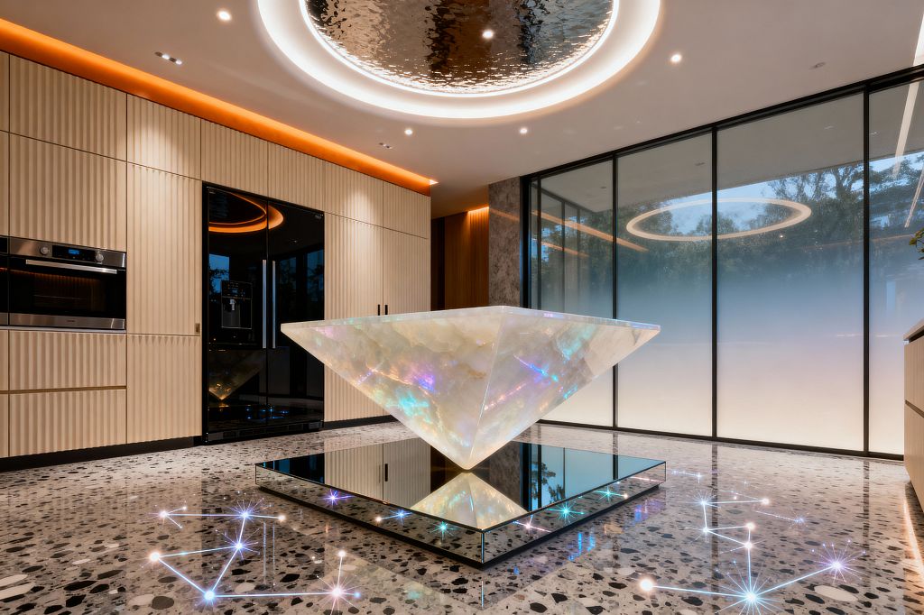 A futuristic kitchen centers on an inverted pyramid island made of backlit onyx resting on a square mirrored base. The terrazzo floor features star-like LED points, while fluted light wood cabinetry integrates a stainless oven and a black-glass refrigerator. A wall of gradient-frosted floor-to-ceiling glass diffuses daylight, and a circular ceiling recess with a rippled mirror and halo lighting completes the luminous, high-tech look.