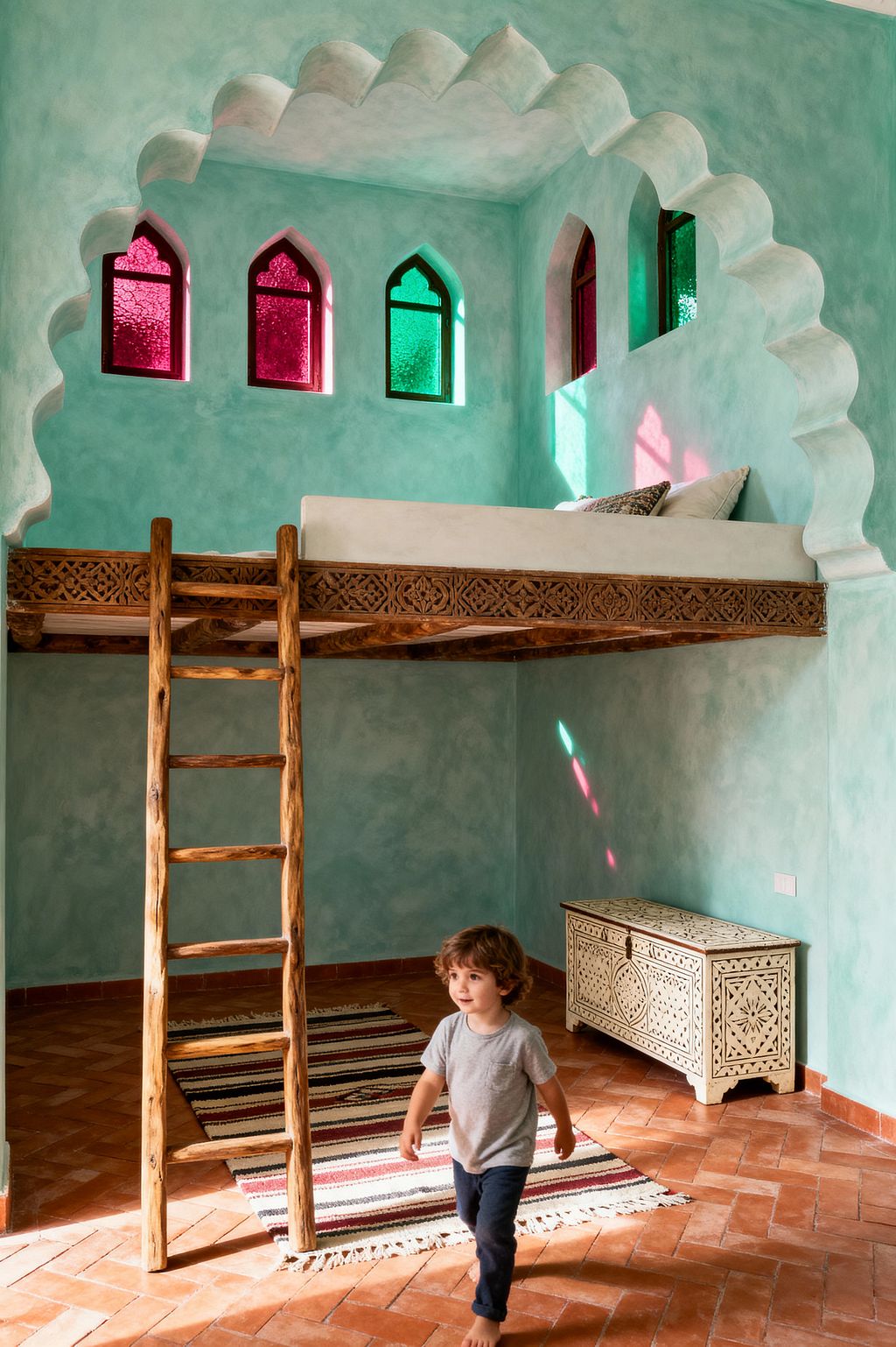 A children’s room with aqua plaster walls features a scalloped arch framing a loft bed reached by a rustic wooden ladder. Four narrow arched windows with red and green textured stained glass color the light onto terracotta herringbone tiles; a striped flatweave rug lies below, and a cream bone‑inlay storage chest sits against the wall as a barefoot child walks across the sunlit floor.