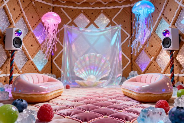 A whimsical media room styled like a candy house features gingerbread-pattern walls piped with white icing and glittering sugar-diamond insets. Two pink donut-like chaise sofas face a small stage draped in iridescent sheer fabric and centered by a pearlescent clamshell with a pearl. Pink and blue jellyfish pendant lights glow above, white speakers stand on candy-cane poles, and the plush quilted pink floor is scattered with crystal-like candy pieces and berries.