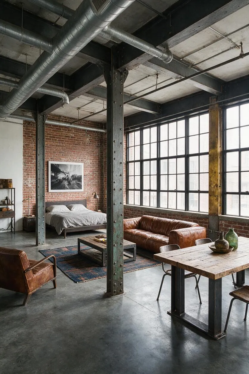 A spacious industrial studio apartment with exposed steel columns, ductwork, and beams, a red brick wall, large black-framed factory windows, and a polished concrete floor. The room includes a leather sofa, a low bed with gray bedding, a rustic wood dining table, and a patterned rug.