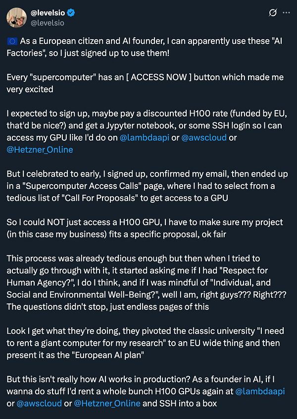 A tweet discussing the challenges of signing up for EU supercomputers and the tedious application process.