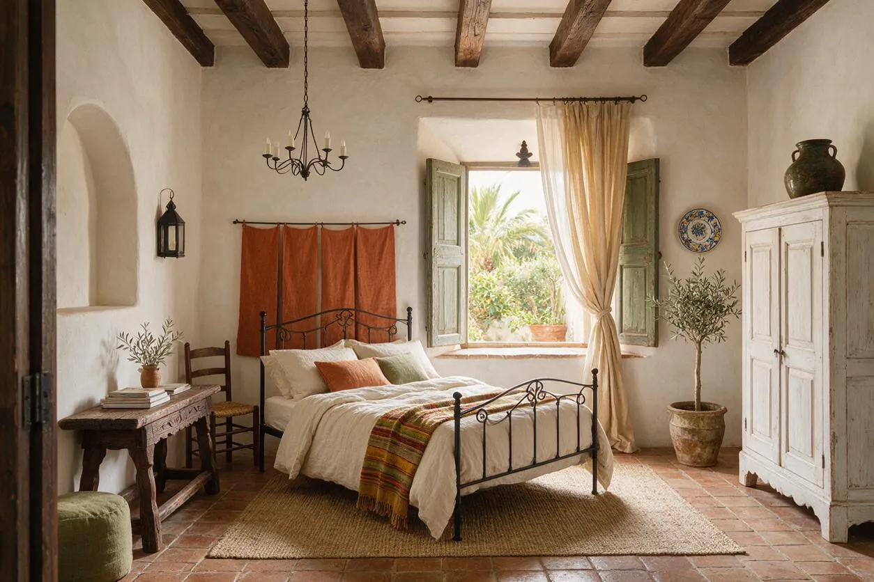 A Mediterranean-style master bedroom with white plaster walls, dark exposed ceiling beams, and terracotta tile floors. The room features a black iron bed, soft neutral bedding, an open window with green shutters, vintage wood furniture, and warm natural light.