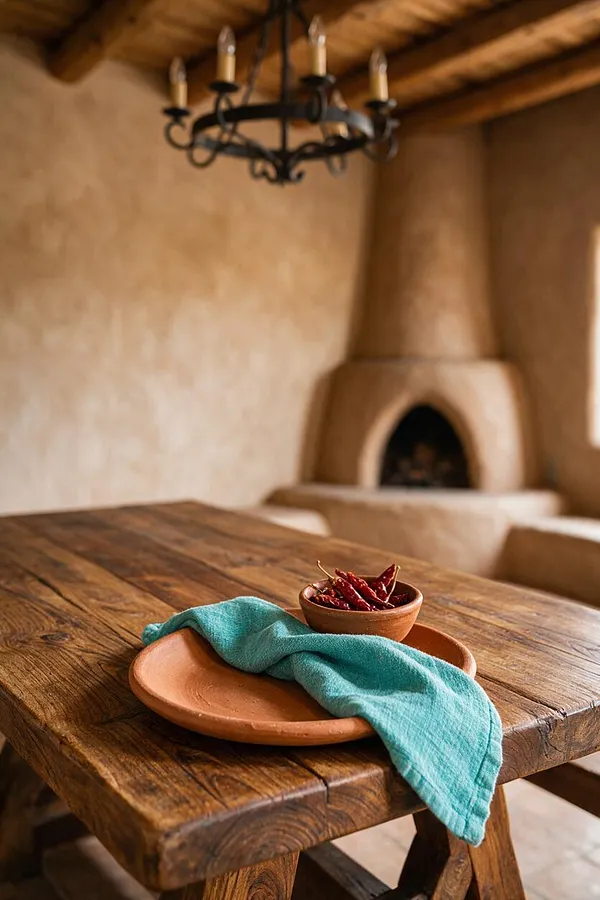 A rustic Southwestern dining nook with a heavy wooden table in the foreground, topped with terracotta plates, a small bowl of red chiles, and a turquoise cloth. In the background are adobe-style stucco walls, a rounded kiva-like fireplace, exposed wood ceiling beams, and a wrought iron chandelier with candle-shaped lights.