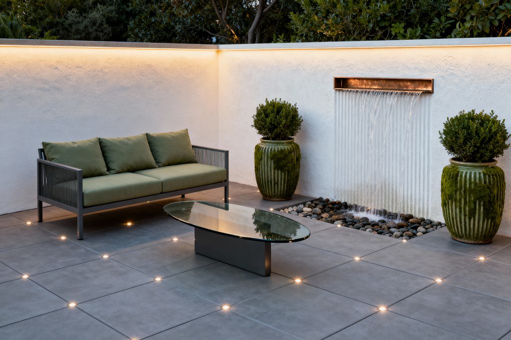 A contemporary patio with a white stucco corner wall features a linear copper spout that sends a sheet of water into a bed of smooth river pebbles. Two tall ribbed green ceramic planters with trimmed shrubs flank the fountain. The floor is large charcoal tiles dotted with small recessed LED lights. A gray metal-framed sofa with sage cushions faces an oval smoked-glass coffee table. Warm strip lighting along the wall creates a calm evening ambiance.