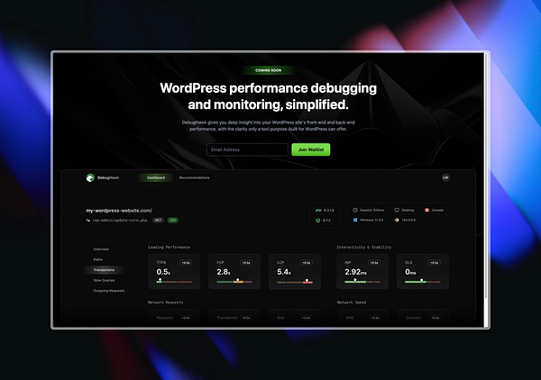 The image displays a user interface for DebugHawk, a tool for WordPress performance debugging and monitoring.