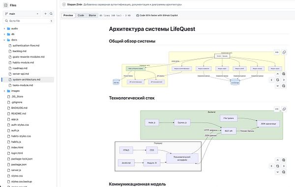 The image displays a project architecture diagram created with mermaid.js, detailing the LifeQuest system architecture.