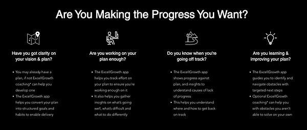The image presents a promotional layout for the ExcellGrowth app, highlighting its features related to planning and progress tracking.