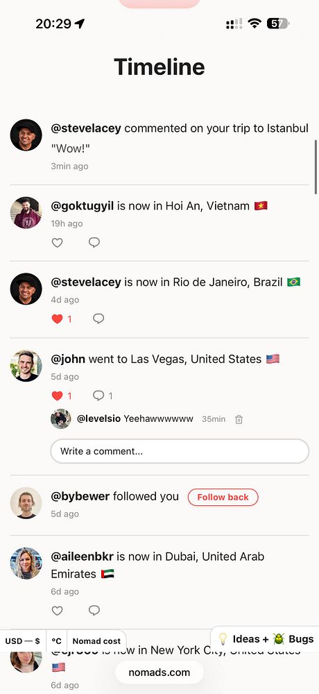 Mobile app screen showing a timeline interface with user posts and interactive like and comment buttons.