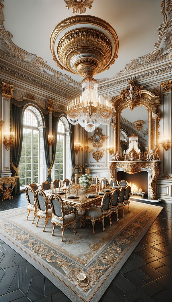 A grand dining room decorated in the Louis XIV style, showcasing an ornate golden chandelier, a large gilded mirror above a marble fireplace, and a sumptuous dining table surrounded by elaborately carved chairs.