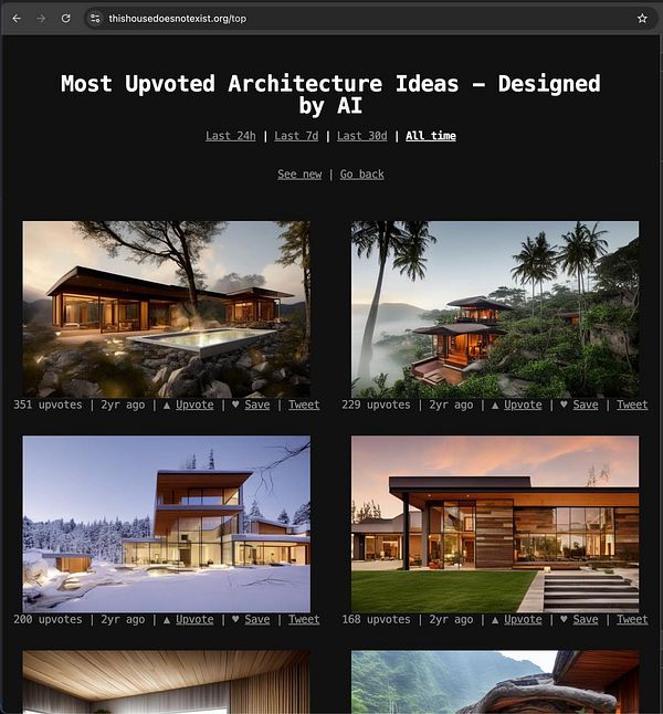 The image displays a webpage showcasing the most upvoted architecture ideas designed by AI.