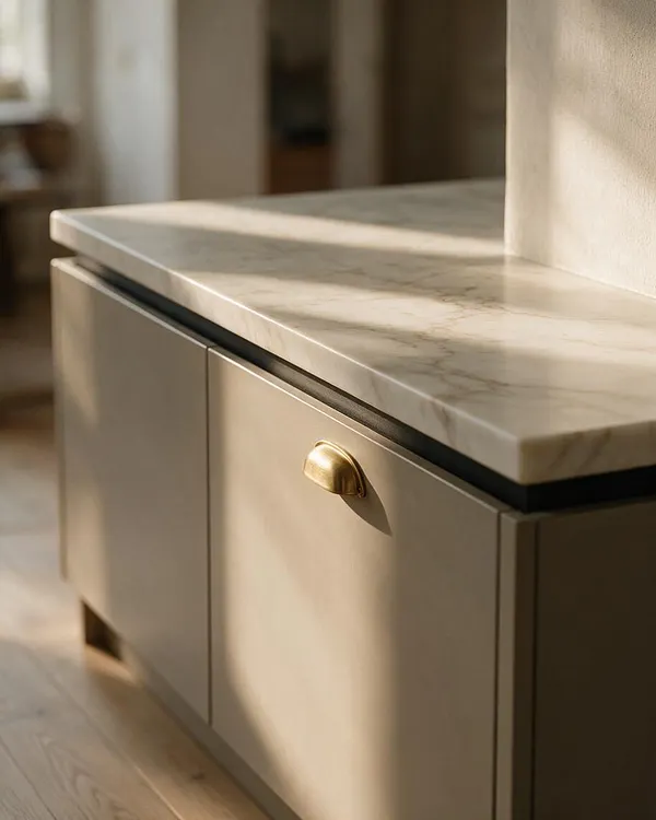 A close-up of a transitional kitchen or bath cabinet with a pale marble countertop and soft taupe painted doors. A small warm brass knob adds a refined accent, while sunlight creates gentle shadows across the stone and cabinetry.