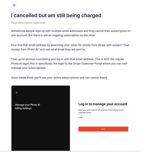 The image displays a webpage related to managing subscriptions for Photo AI, including instructions and a login interface.