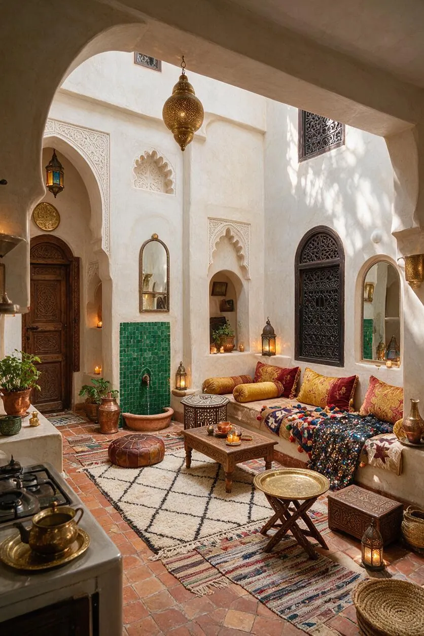 A cozy Moroccan-style studio apartment with white plaster walls, carved arched niches, dark lattice windows, and a central brass lantern. The space is layered with patterned rugs, low wooden tables, colorful cushions, leather poufs, green tile accents, and warm candlelight, creating a richly textured, intimate atmosphere.
