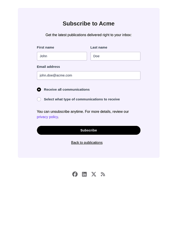 A subscription form for Acme to receive publications via email.