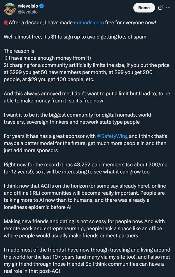 A smartphone displaying the Levels.io Twitter post about making #nomads forever free for community growth.