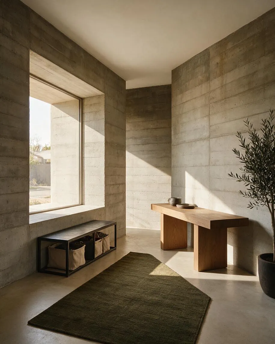 A minimalist entryway with exposed concrete walls and a pale plaster ceiling, lit by strong natural light from a large window on the left. The space includes a simple wooden console table, a black metal shoe bench with storage baskets, an olive green rug, and a potted plant in the corner.