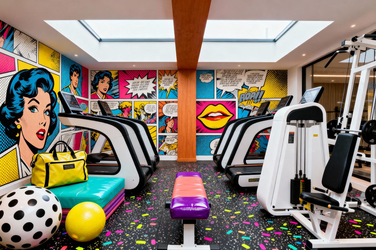 Room AI – Skylit Pop Art Home Gym with Comic Mural - Interior Design