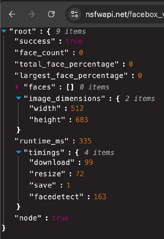 The image displays a JSON response from an API related to face detection.