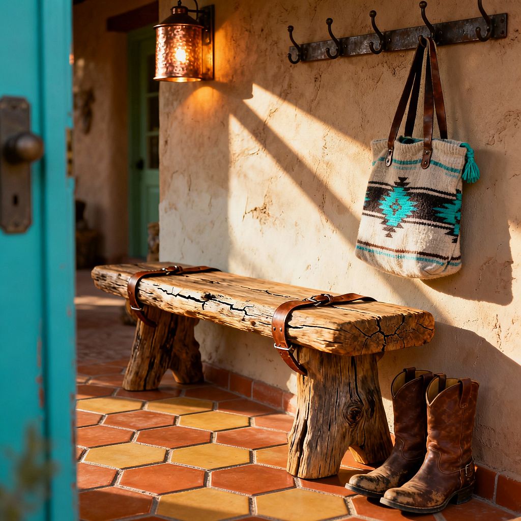 Sunlit mudroom with textured adobe plaster walls and hexagonal Saltillo floor tiles in terracotta and golden ochre. A rustic, rough-hewn log bench is secured with saddle-brown leather straps. Above it, a blackened iron hook rack holds a wool tote with Southwestern geometric patterns in cream, turquoise, and dark brown. A hammered copper lantern sconce casts warm light. At left, a turquoise-painted door is ajar, and a pair of worn brown cowboy boots sits on the floor.