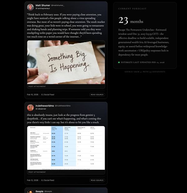 A UI design prototype displaying signal feed cards with various content layouts and dark mode theming.