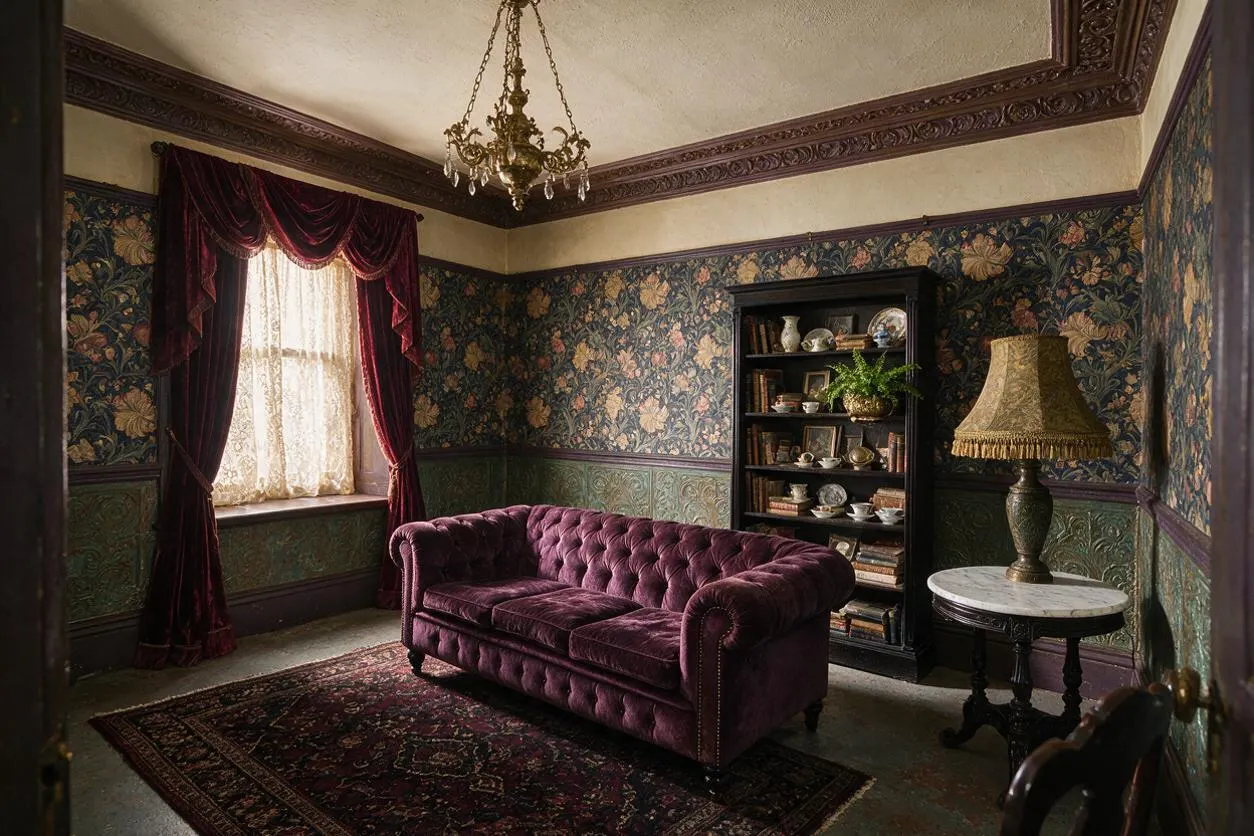 A moody Victorian basement sitting room with dark floral wallpaper, green wainscoting, ornate crown molding, and a brass chandelier. A deep plum tufted velvet sofa sits on a patterned rug beside a black bookcase, a marble-topped side table, and a fringed lamp near a curtained window.