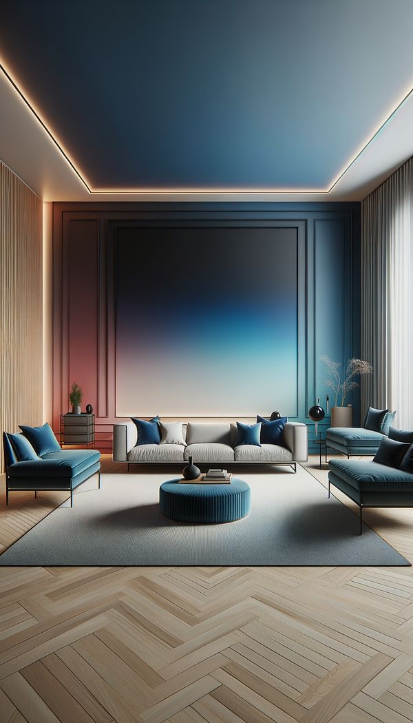 An elegant living room with a feature wall that showcases a stunning gradient from deep navy at the bottom to a soft sky blue at the top. The room is furnished with minimalistic, modern furniture to complement the wall, creating a serene and sophisticated atmosphere.