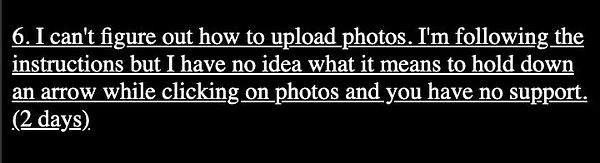 A user expresses frustration about difficulties in uploading photos during a training session.