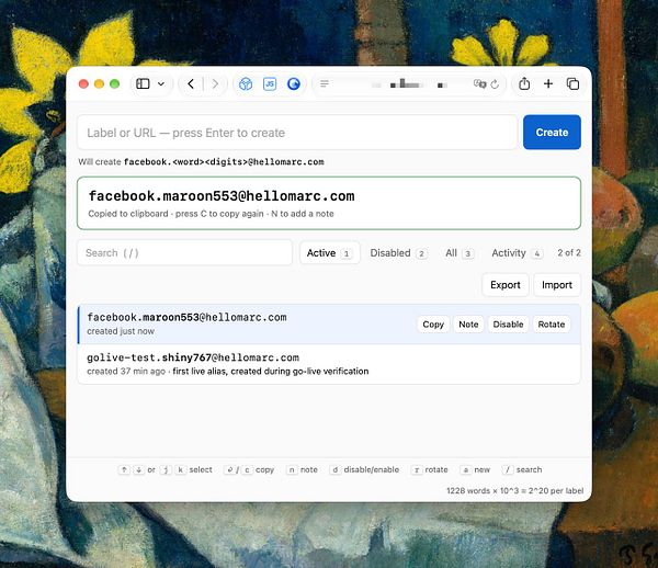 A user interface for managing allow-list email aliases linked to the domain hellomarc.com is displayed, showing creation and control options for unique email addresses.