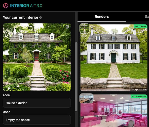 The image displays a landscaping design interface featuring a house exterior with lush greenery and a comparison render of an empty space.